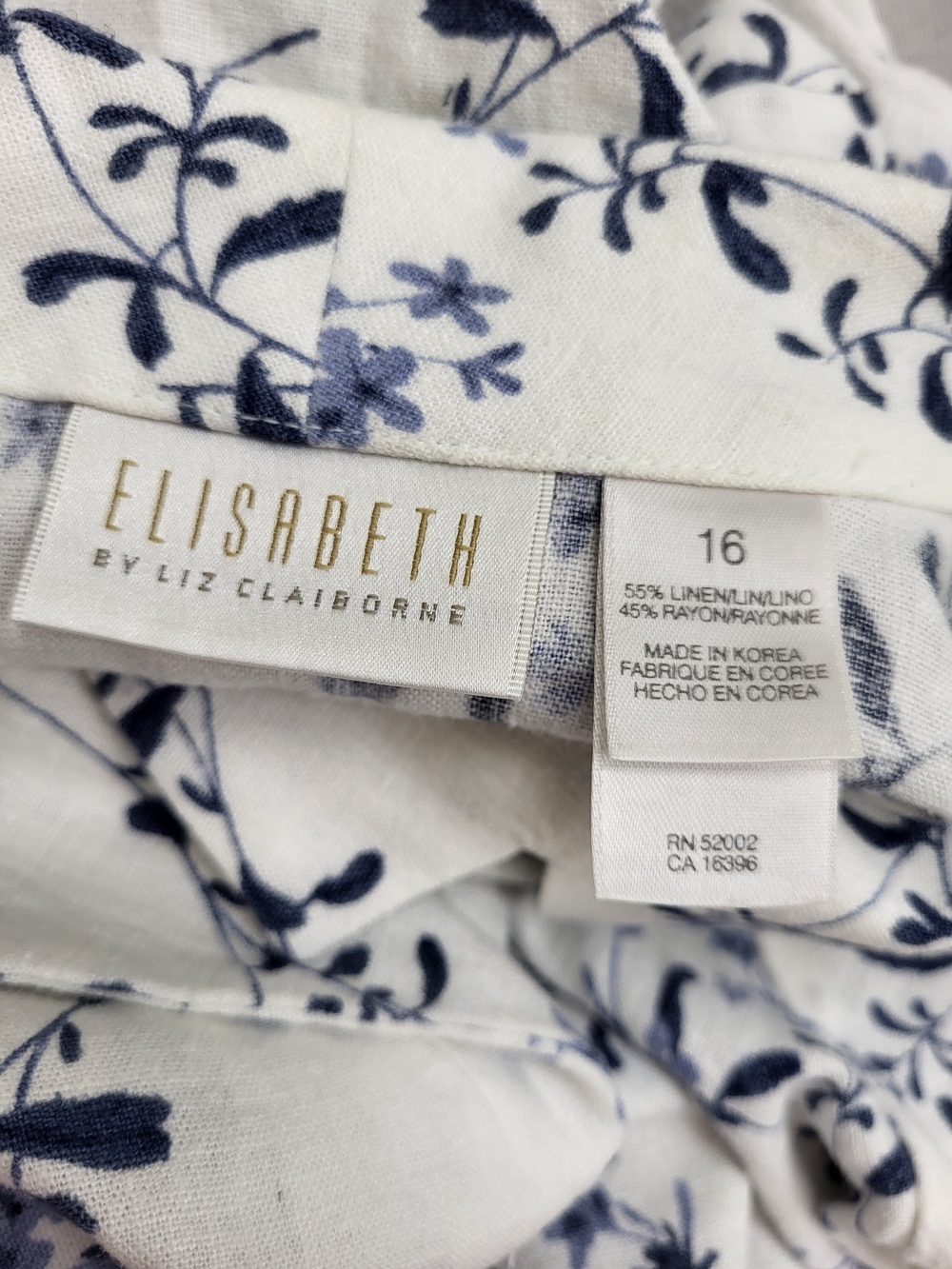 Elisabeth Women's White Blue Floral Linen Blend Button Down Blouse Size 16 - Picture 11 of 12